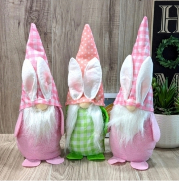 (3) EASTER BUNNY GNOMES PASTEL SHELF SITTERS GINGHAM
